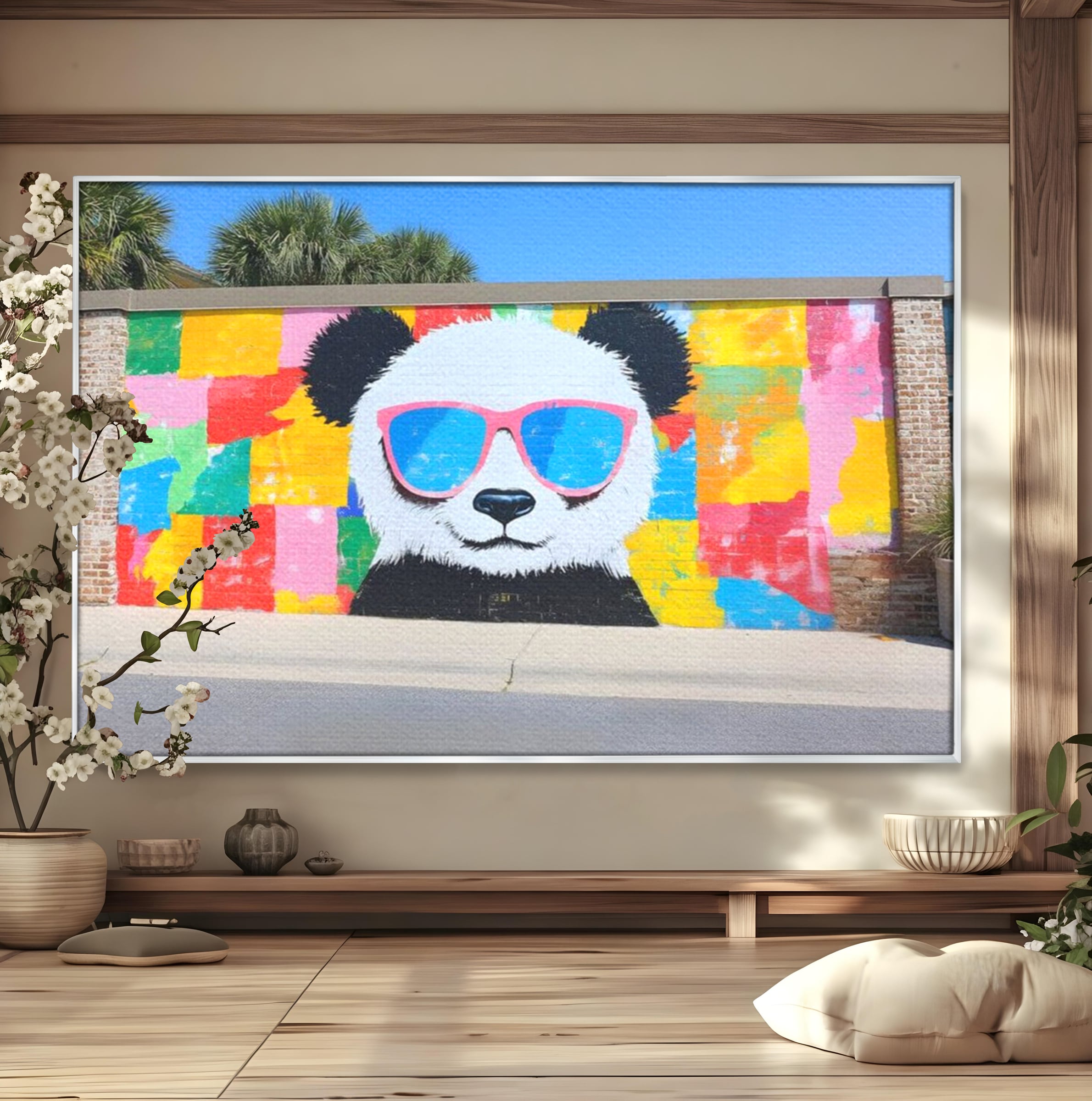 Tablou canvas cu tablou canvas cu panda grafitat, in rama de aluminiu argintiu